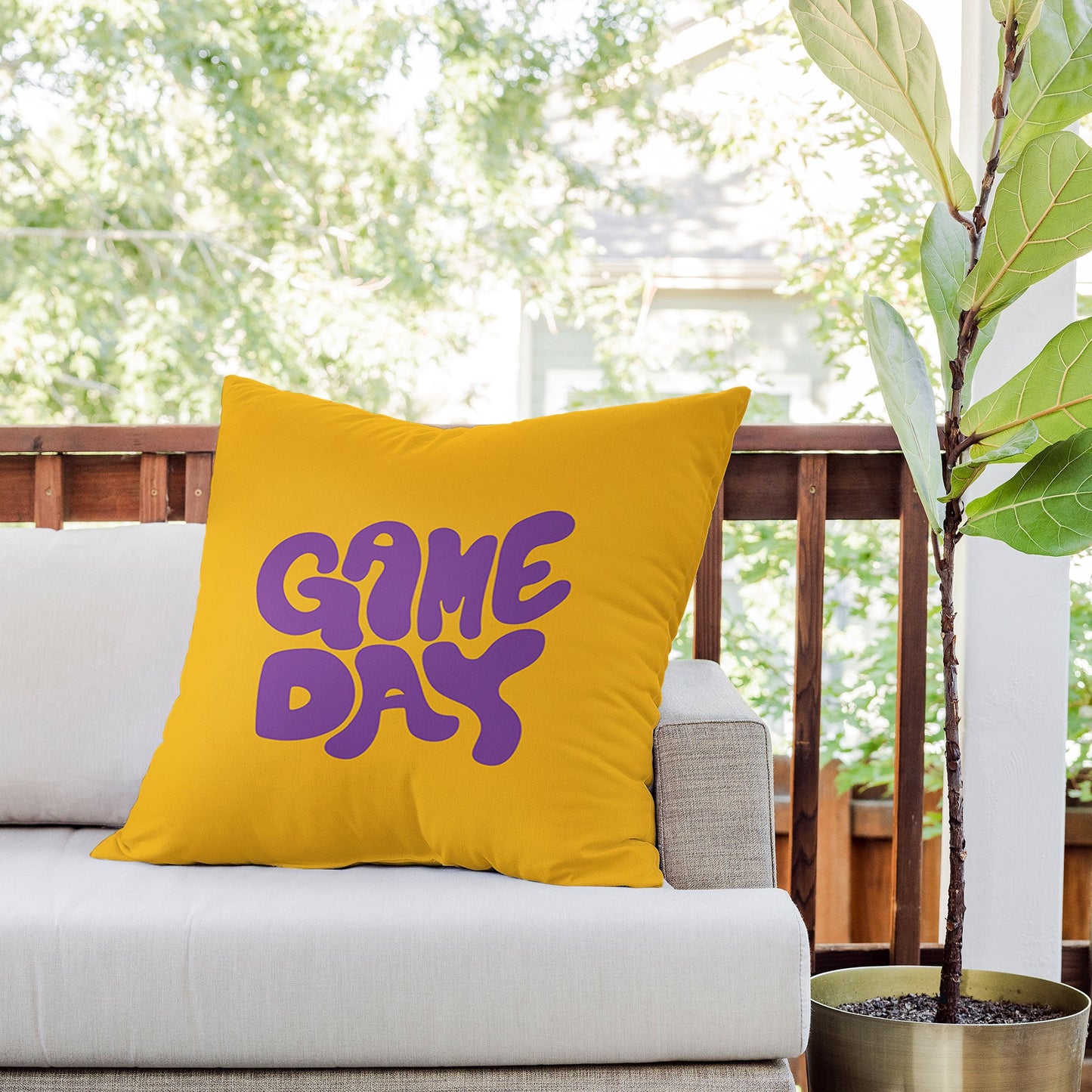 DENY Designs Gameday Yellow and Purple 1 Outdoor Throw Pillow