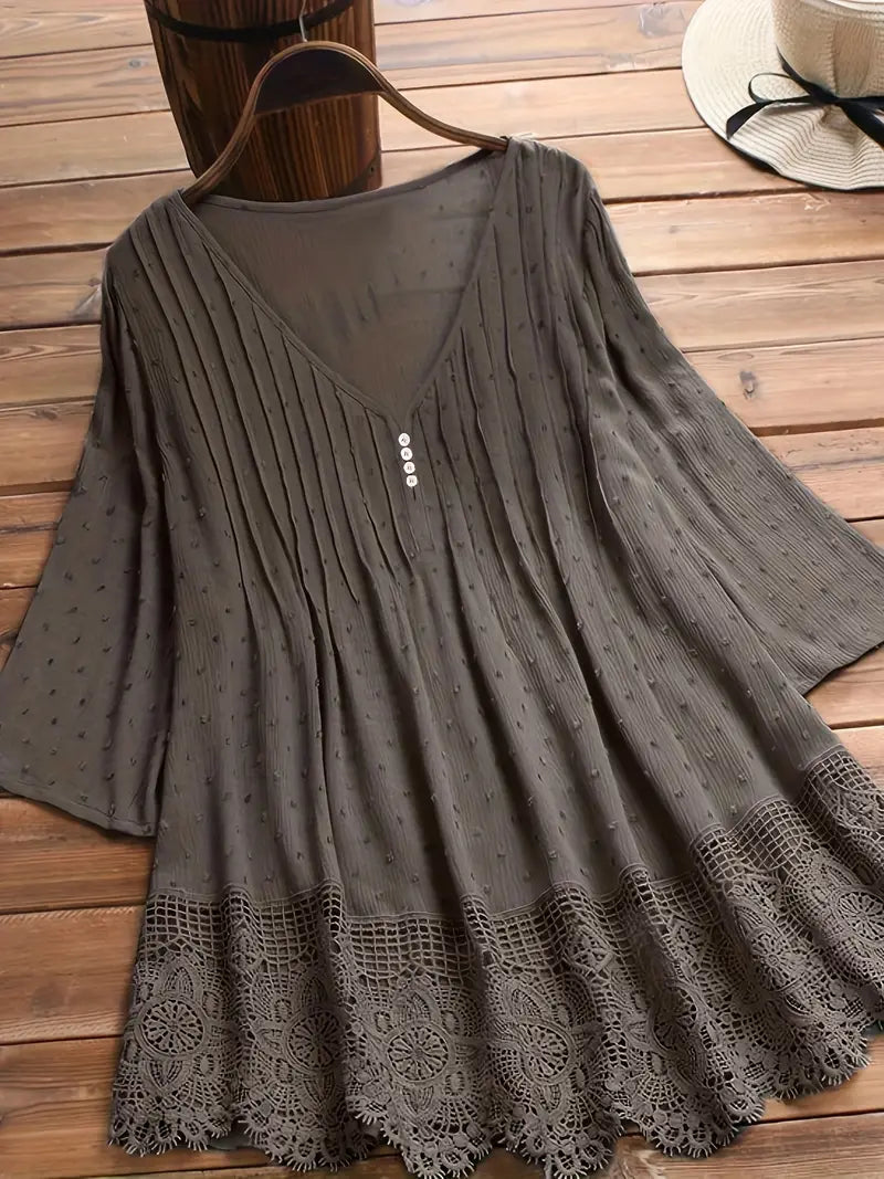 Koemi - Vintage Blouse met Ruches en V-hals