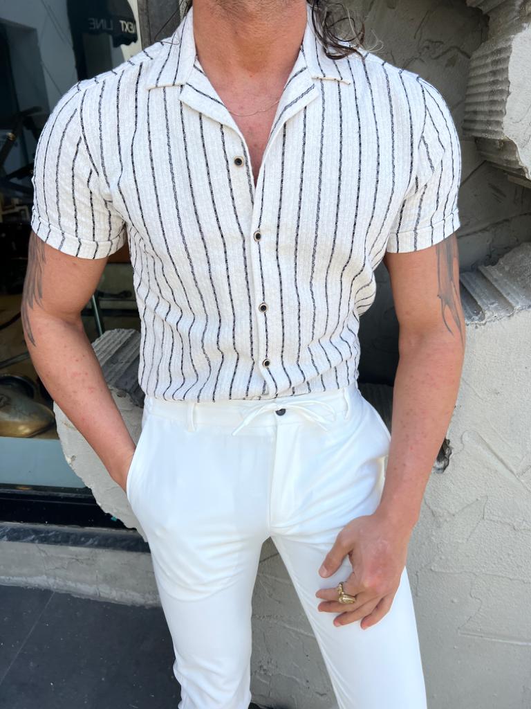 Slim Fit Gestreept Korte Mouwen Shirt
