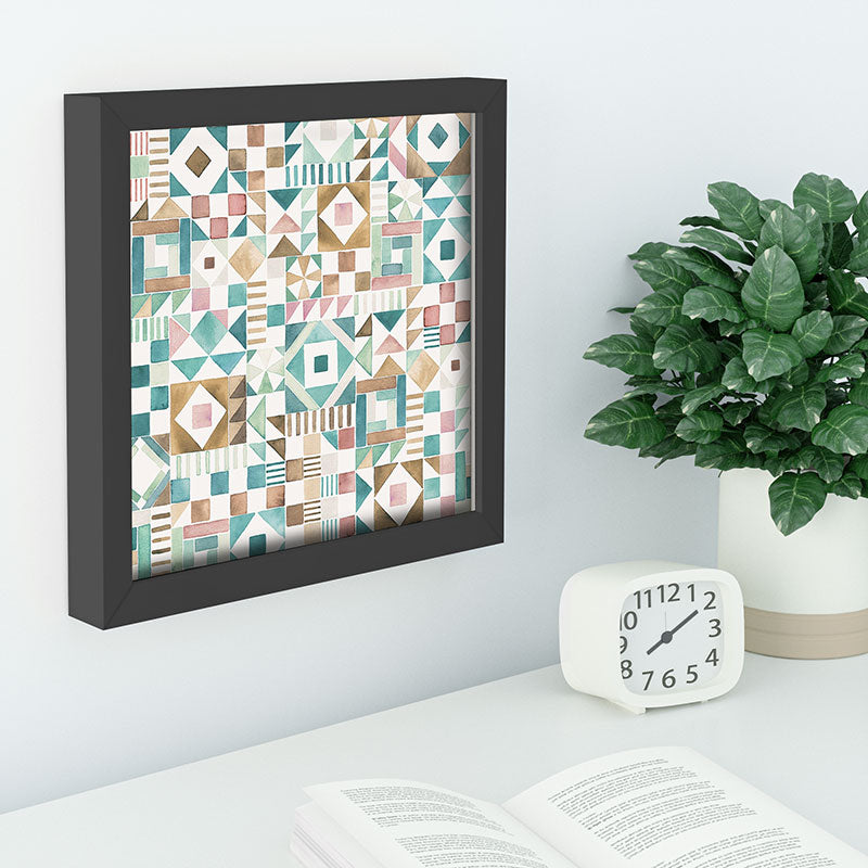 Ninola Design Charming Nostalgia Geometric Tiles Patchwork Aqua Pink Gold Recessed Framing Square