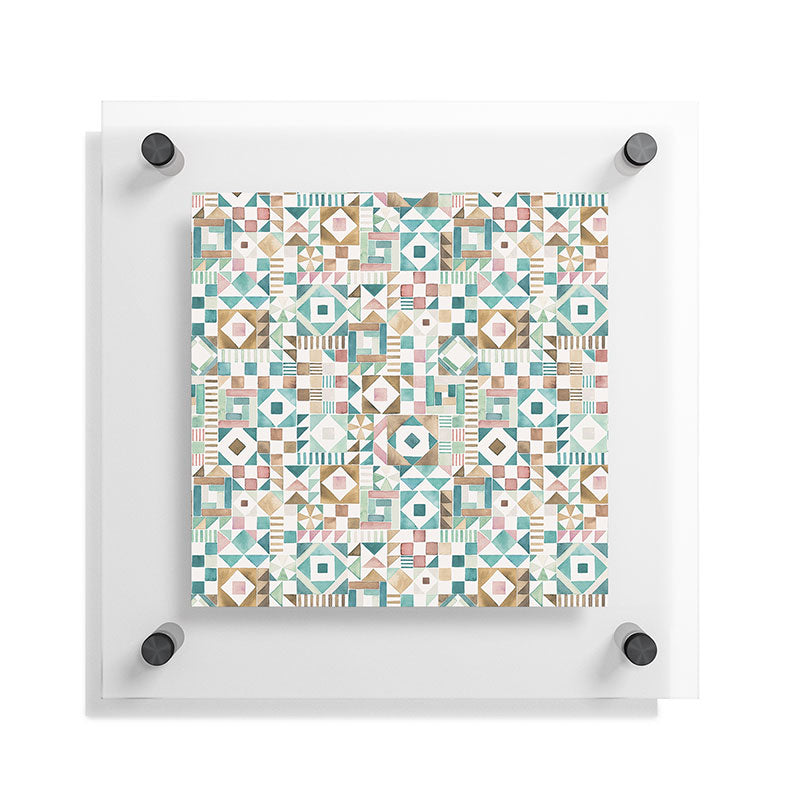 Ninola Design Charming Nostalgia Geometric Tiles Patchwork Aqua Pink Gold Floating Acrylic Print