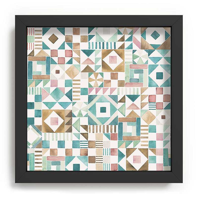 Ninola Design Charming Nostalgia Geometric Tiles Patchwork Aqua Pink Gold Recessed Framing Square