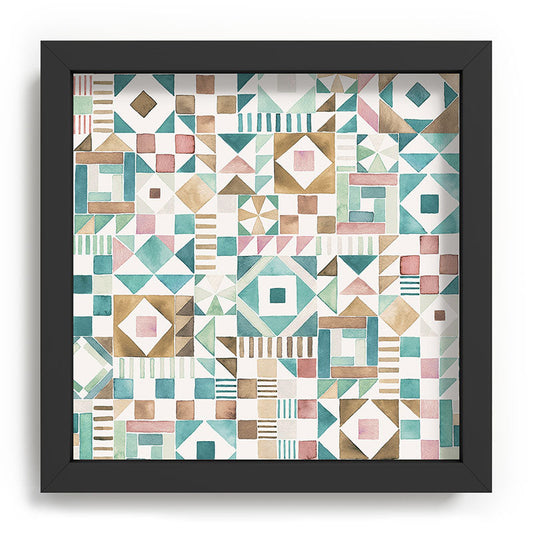 Ninola Design Charming Nostalgia Geometric Tiles Patchwork Aqua Pink Gold Recessed Framing Square