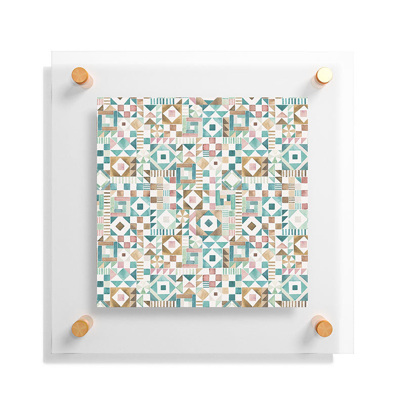 Ninola Design Charming Nostalgia Geometric Tiles Patchwork Aqua Pink Gold Floating Acrylic Print