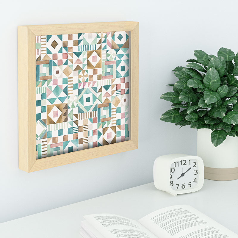 Ninola Design Charming Nostalgia Geometric Tiles Patchwork Aqua Pink Gold Recessed Framing Square