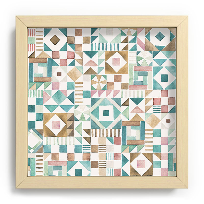 Ninola Design Charming Nostalgia Geometric Tiles Patchwork Aqua Pink Gold Recessed Framing Square