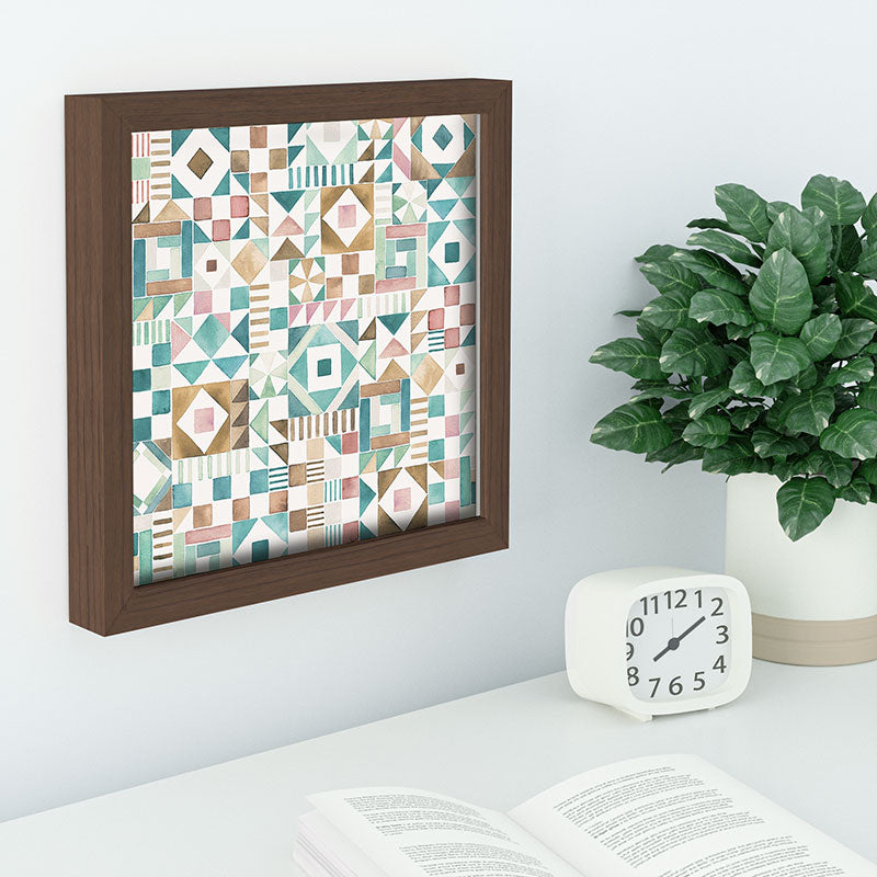 Ninola Design Charming Nostalgia Geometric Tiles Patchwork Aqua Pink Gold Recessed Framing Square