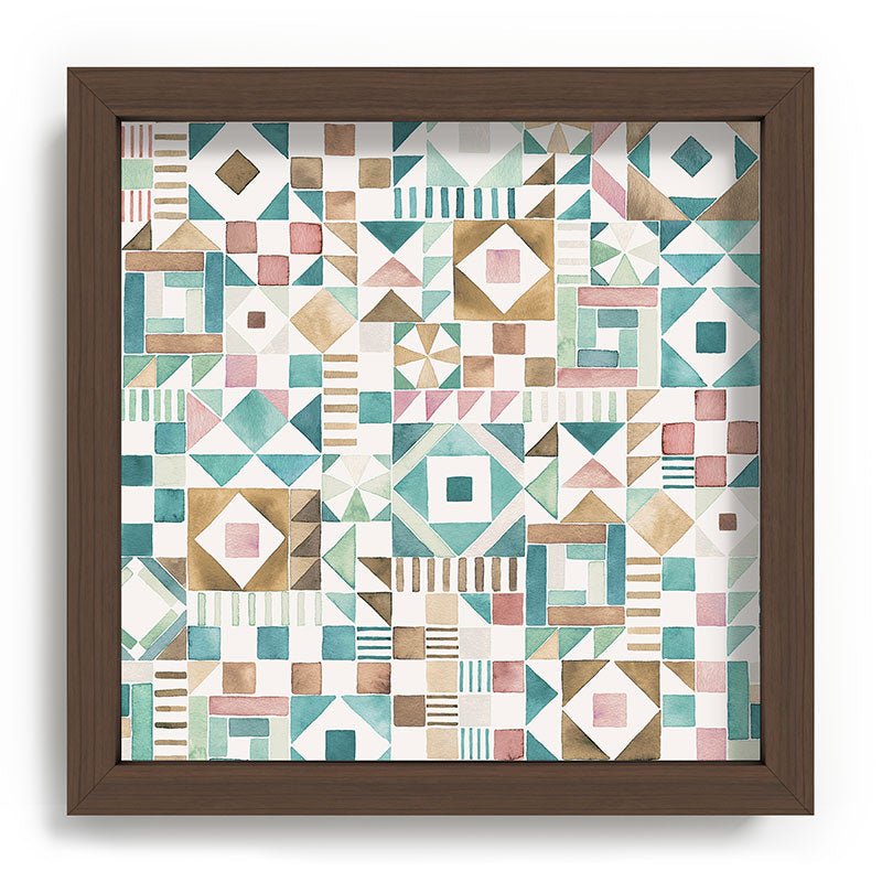Ninola Design Charming Nostalgia Geometric Tiles Patchwork Aqua Pink Gold Recessed Framing Square