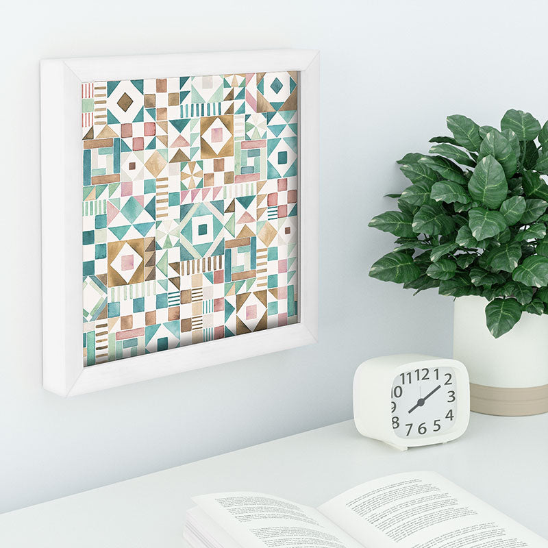 Ninola Design Charming Nostalgia Geometric Tiles Patchwork Aqua Pink Gold Recessed Framing Square