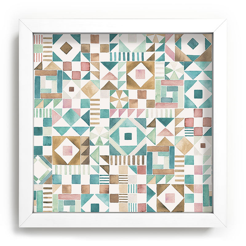 Ninola Design Charming Nostalgia Geometric Tiles Patchwork Aqua Pink Gold Recessed Framing Square