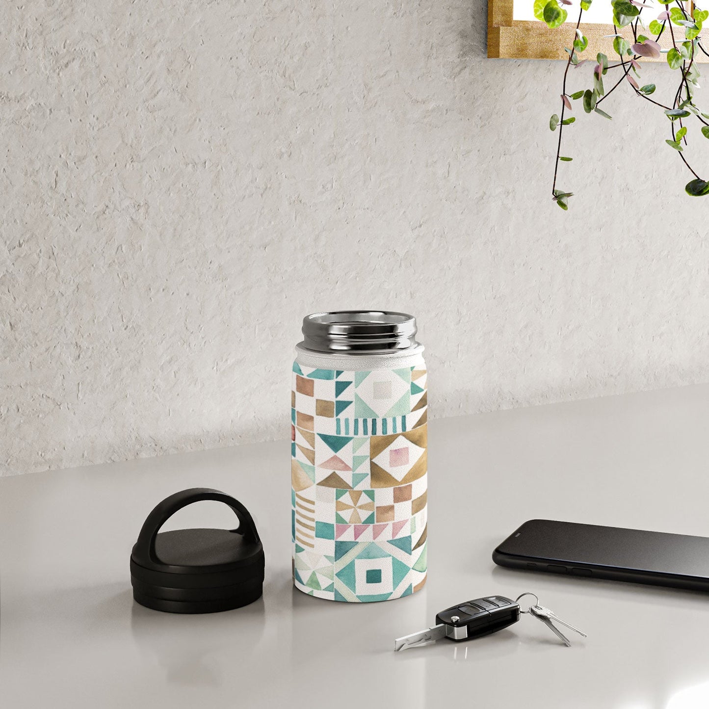 Ninola Design Charming Nostalgia Geometric Tiles Patchwork Aqua Pink Gold Water Bottle
