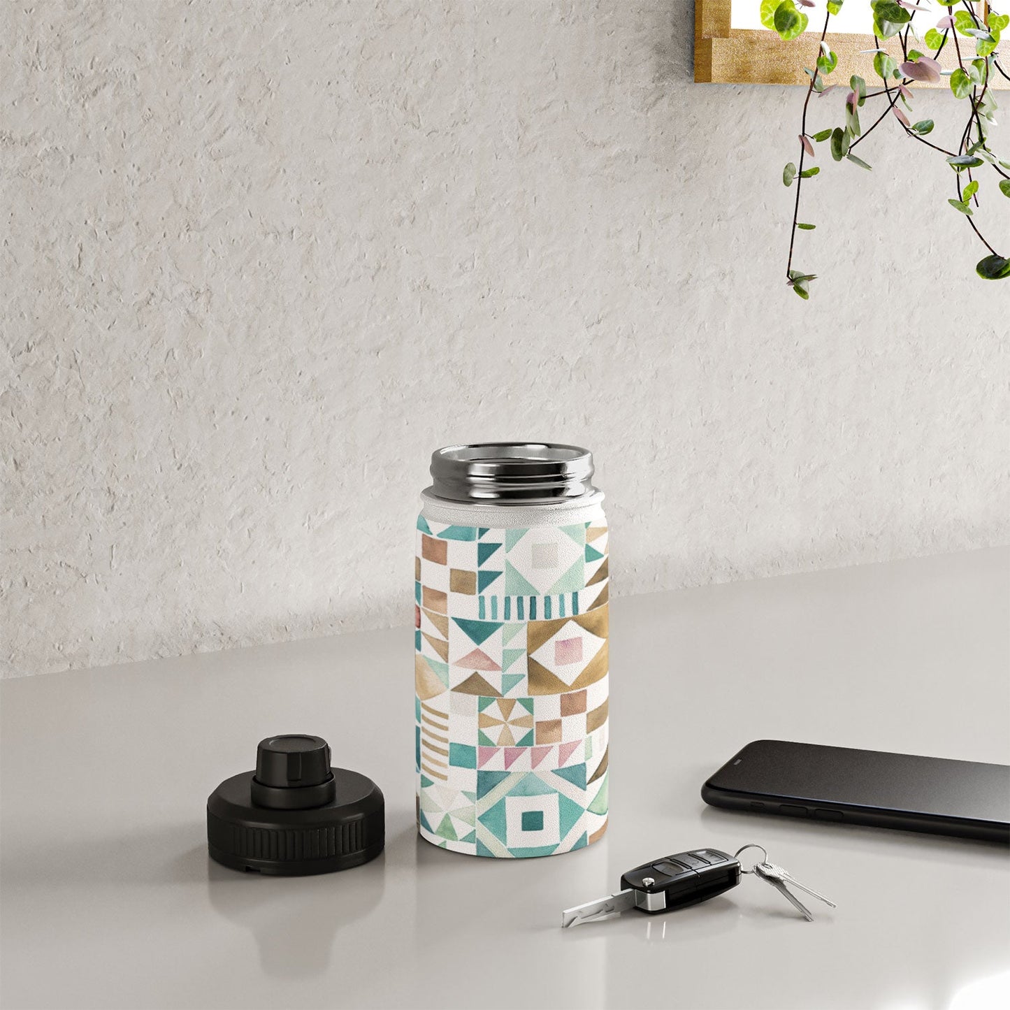 Ninola Design Charming Nostalgia Geometric Tiles Patchwork Aqua Pink Gold Water Bottle