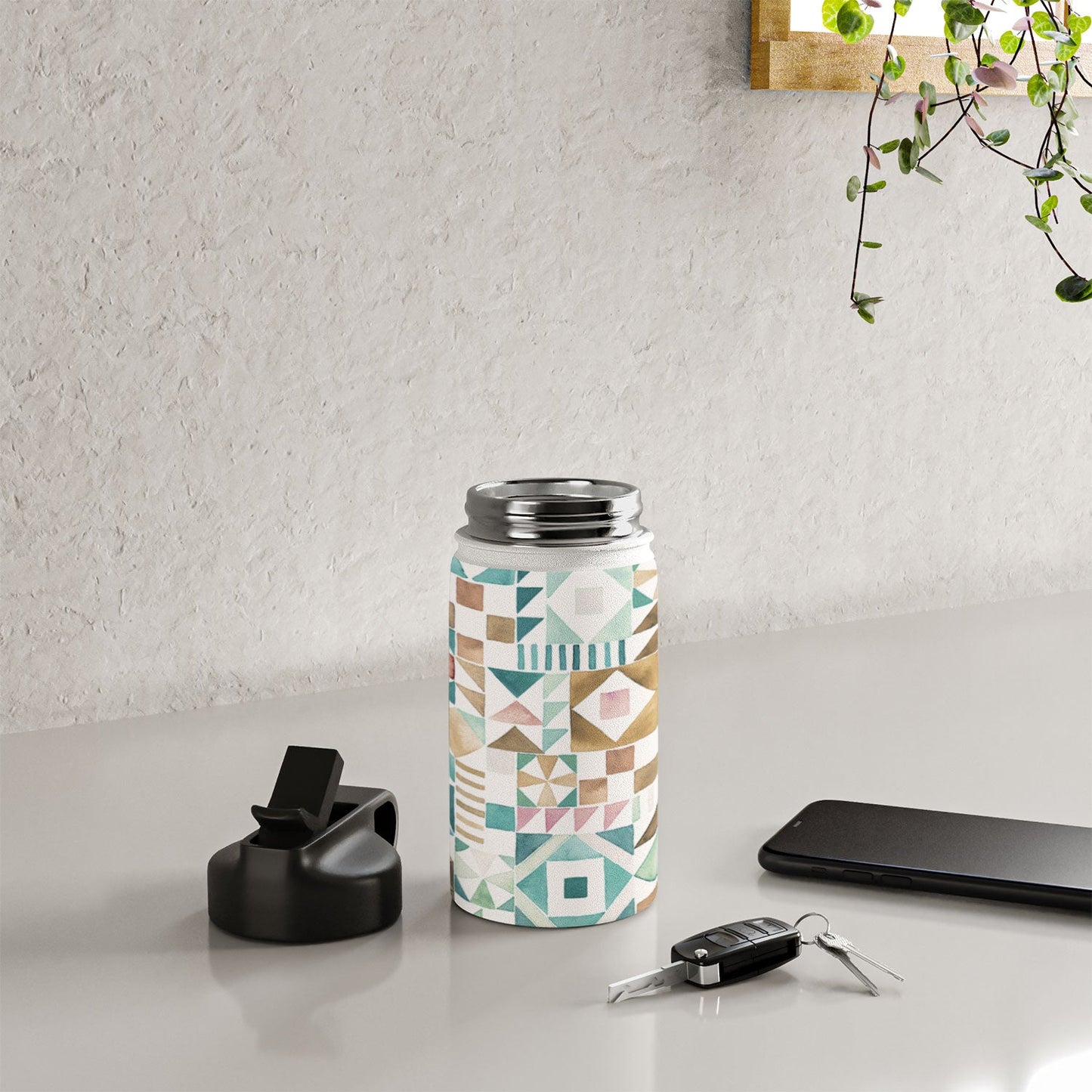 Ninola Design Charming Nostalgia Geometric Tiles Patchwork Aqua Pink Gold Water Bottle