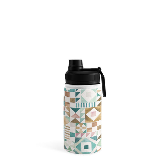 Ninola Design Charming Nostalgia Geometric Tiles Patchwork Aqua Pink Gold Water Bottle