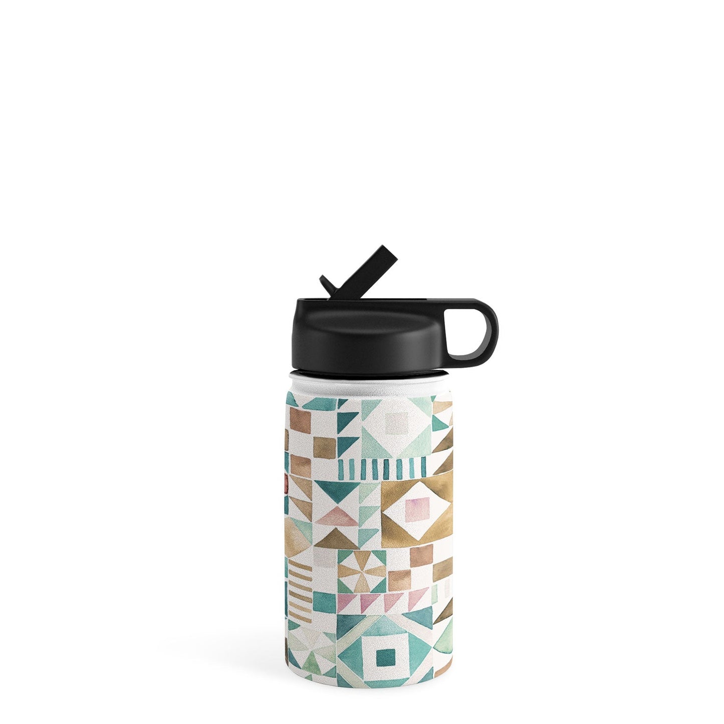 Ninola Design Charming Nostalgia Geometric Tiles Patchwork Aqua Pink Gold Water Bottle