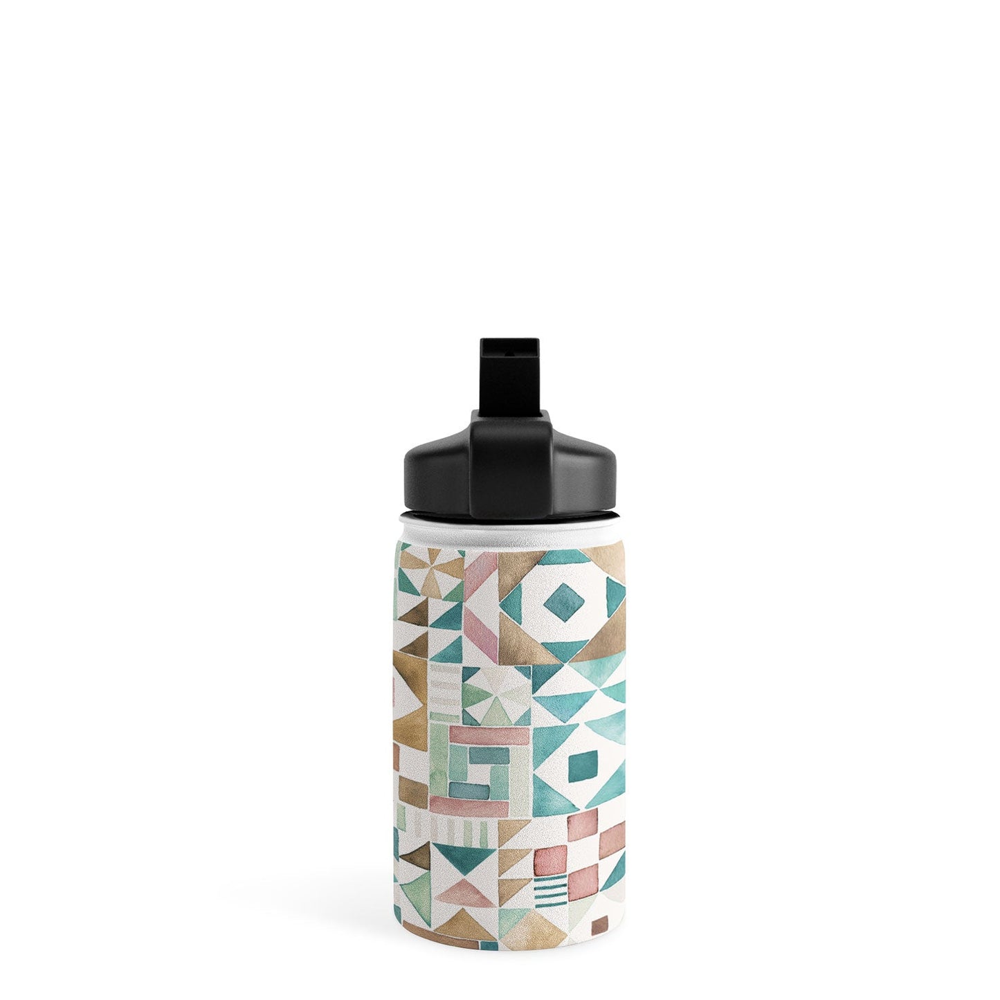 Ninola Design Charming Nostalgia Geometric Tiles Patchwork Aqua Pink Gold Water Bottle