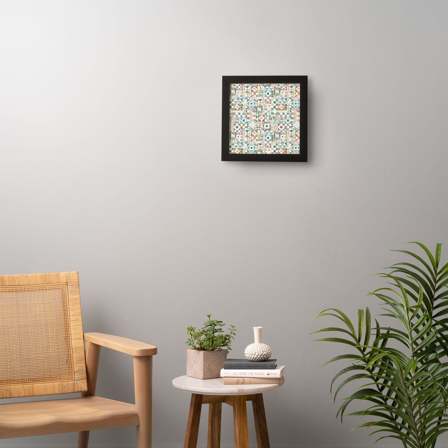 Ninola Design Charming Nostalgia Geometric Tiles Patchwork Aqua Pink Gold Framed Wall Art