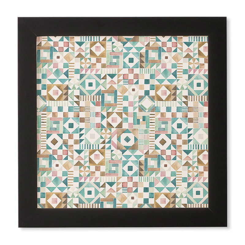 Ninola Design Charming Nostalgia Geometric Tiles Patchwork Aqua Pink Gold Framed Wall Art