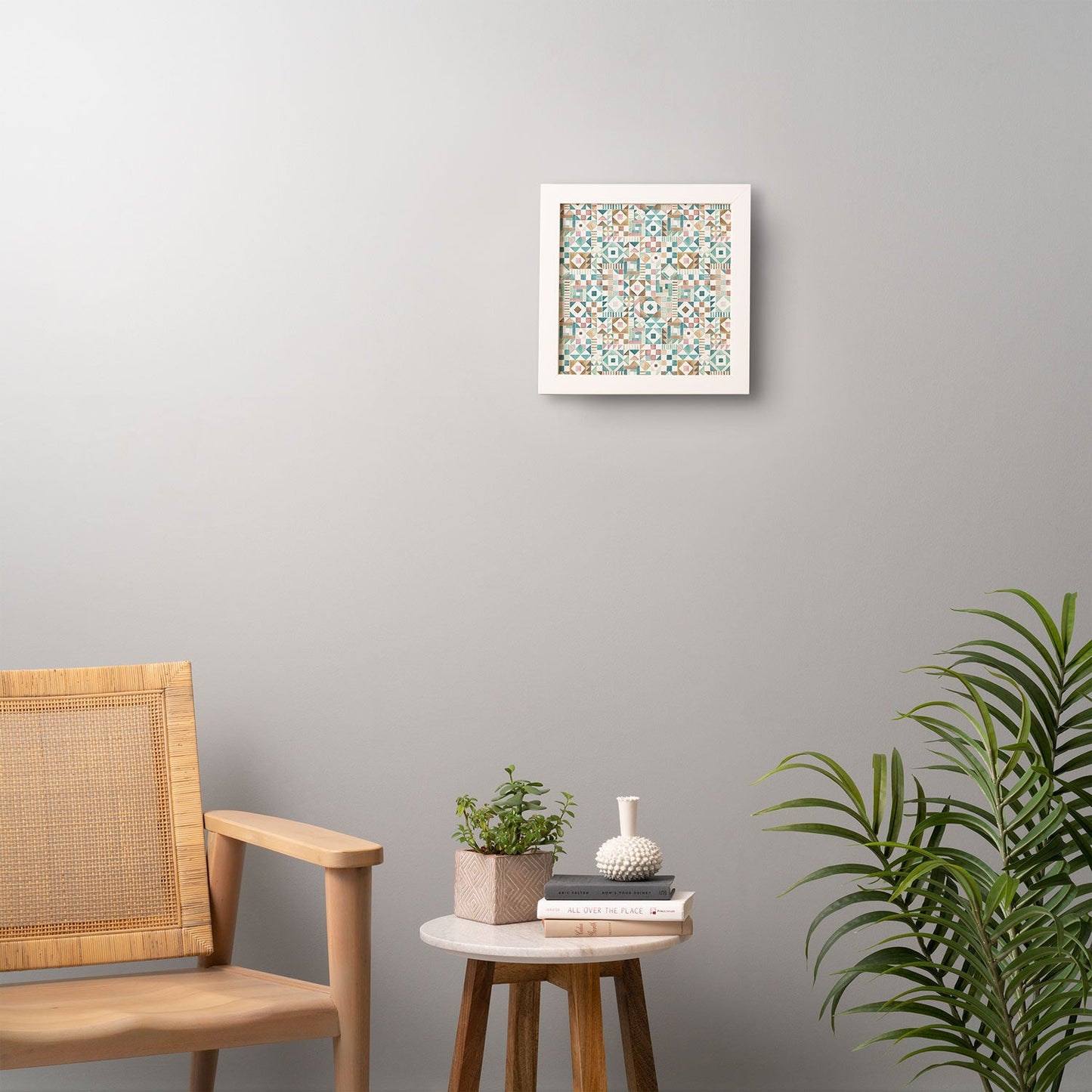Ninola Design Charming Nostalgia Geometric Tiles Patchwork Aqua Pink Gold Framed Wall Art
