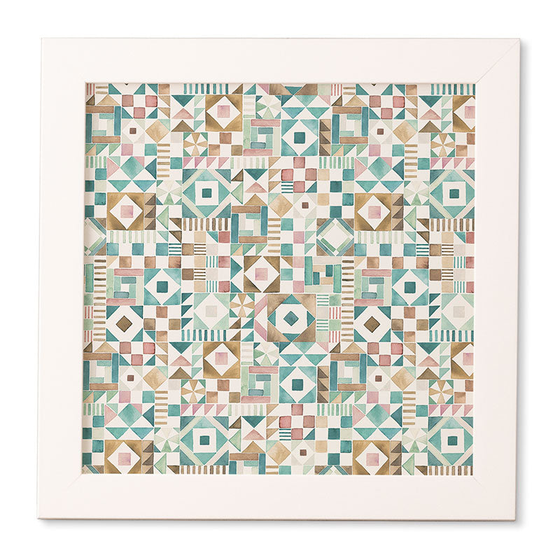 Ninola Design Charming Nostalgia Geometric Tiles Patchwork Aqua Pink Gold Framed Wall Art