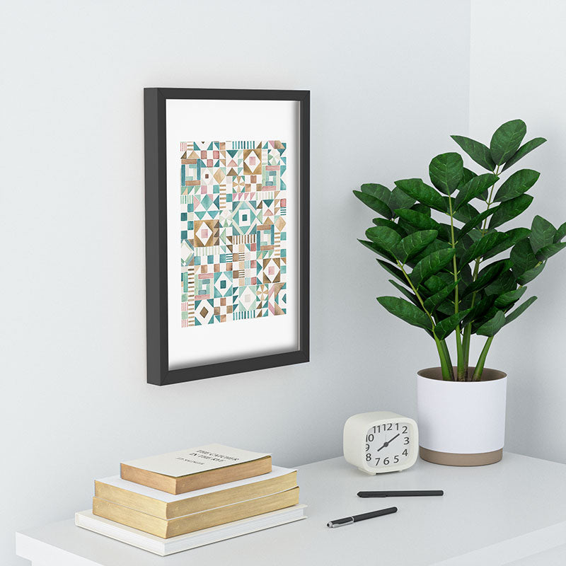 Ninola Design Charming Nostalgia Geometric Tiles Patchwork Aqua Pink Gold Recessed Framing Rectangle