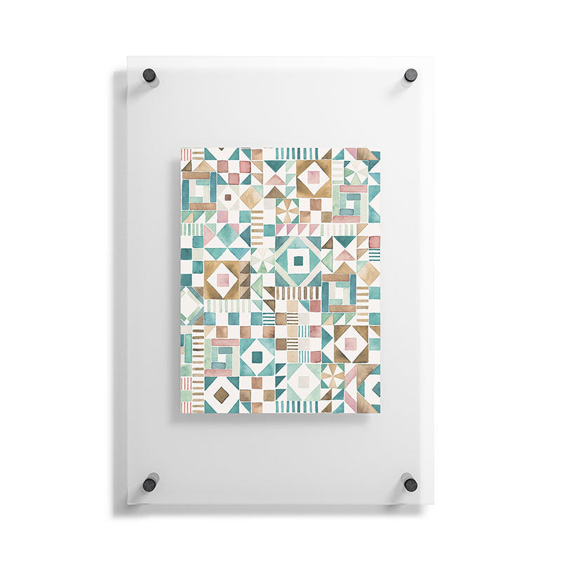 Ninola Design Charming Nostalgia Geometric Tiles Patchwork Aqua Pink Gold Floating Acrylic Print