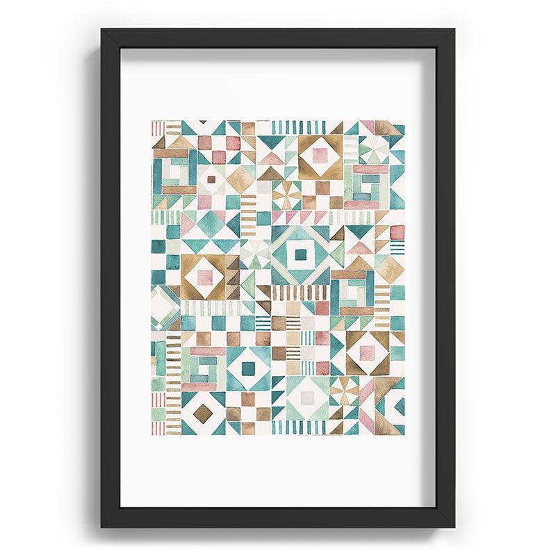 Ninola Design Charming Nostalgia Geometric Tiles Patchwork Aqua Pink Gold Recessed Framing Rectangle