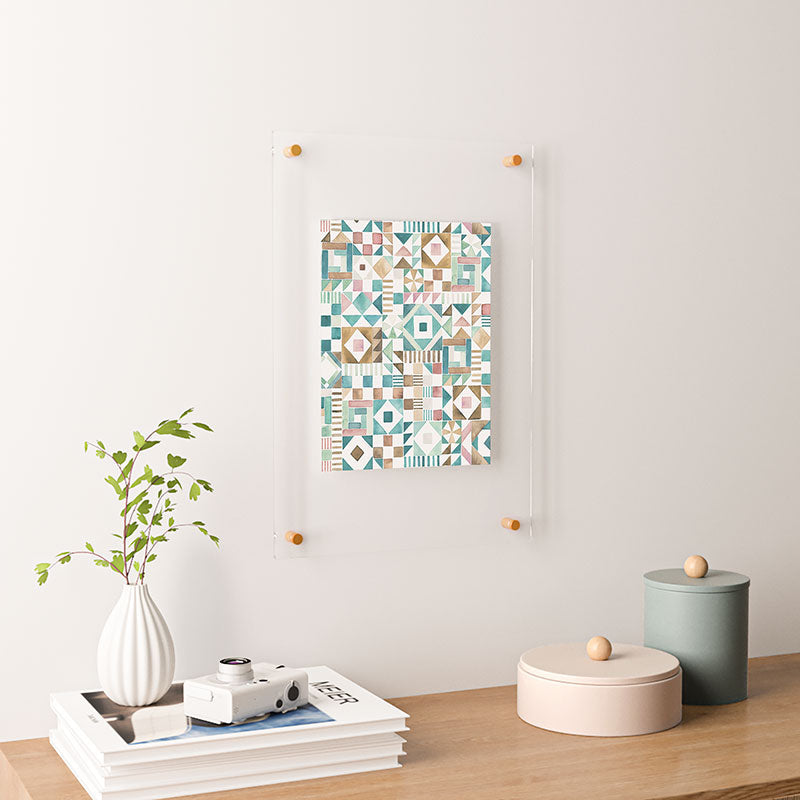 Ninola Design Charming Nostalgia Geometric Tiles Patchwork Aqua Pink Gold Floating Acrylic Print