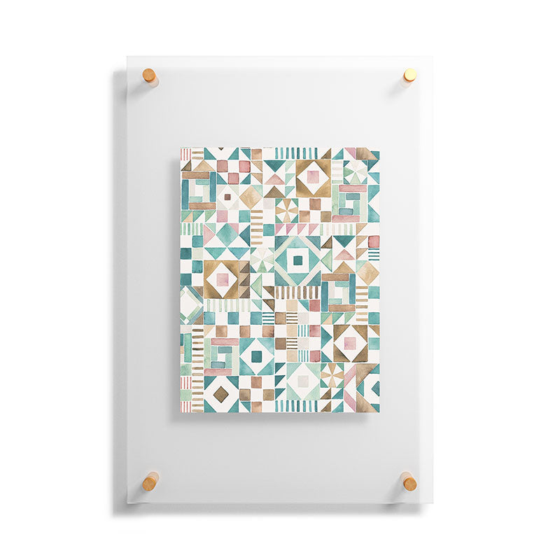 Ninola Design Charming Nostalgia Geometric Tiles Patchwork Aqua Pink Gold Floating Acrylic Print
