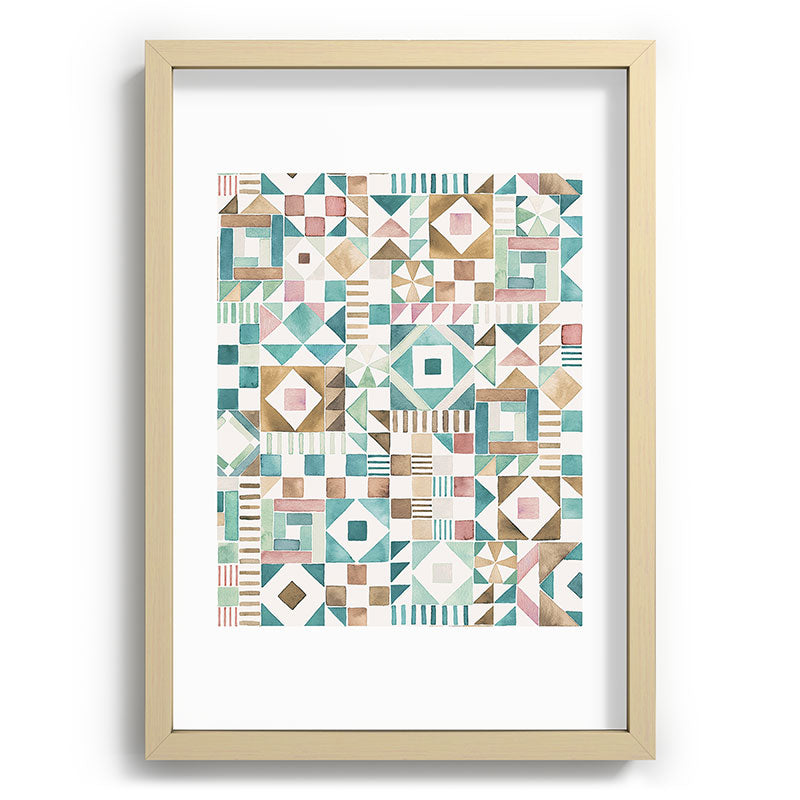 Ninola Design Charming Nostalgia Geometric Tiles Patchwork Aqua Pink Gold Recessed Framing Rectangle