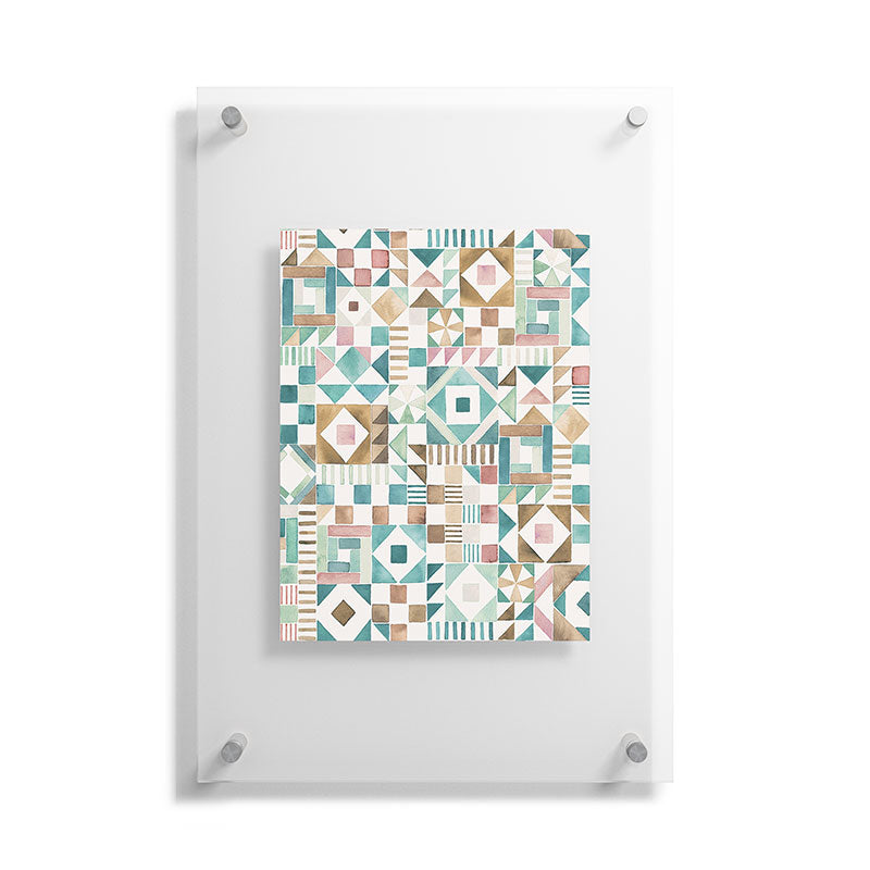 Ninola Design Charming Nostalgia Geometric Tiles Patchwork Aqua Pink Gold Floating Acrylic Print