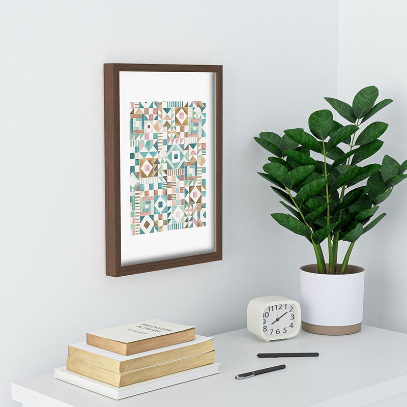 Ninola Design Charming Nostalgia Geometric Tiles Patchwork Aqua Pink Gold Recessed Framing Rectangle