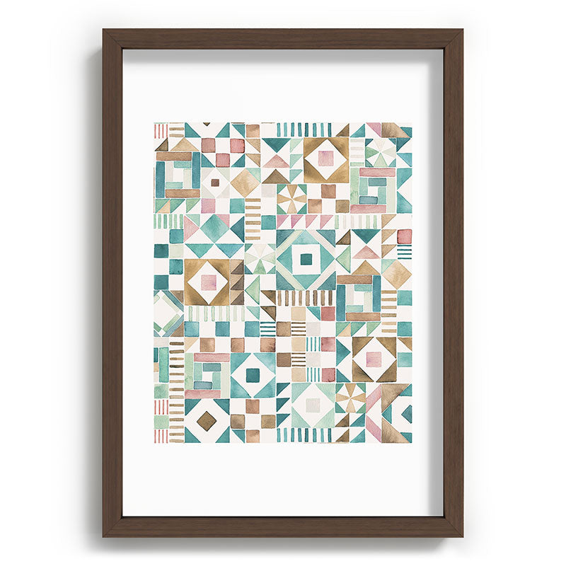 Ninola Design Charming Nostalgia Geometric Tiles Patchwork Aqua Pink Gold Recessed Framing Rectangle