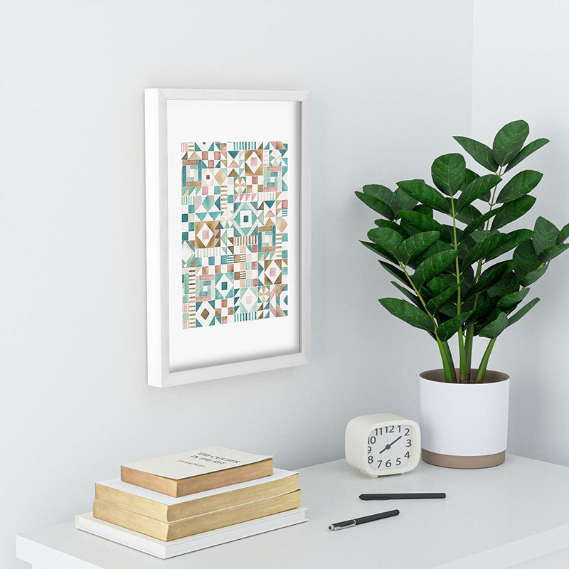 Ninola Design Charming Nostalgia Geometric Tiles Patchwork Aqua Pink Gold Recessed Framing Rectangle