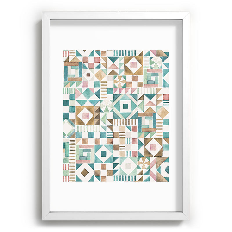 Ninola Design Charming Nostalgia Geometric Tiles Patchwork Aqua Pink Gold Recessed Framing Rectangle