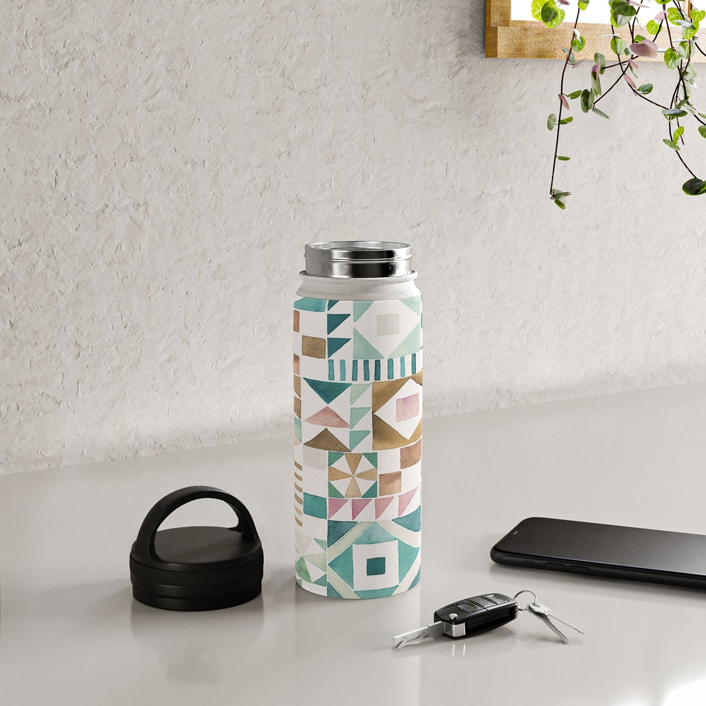 Ninola Design Charming Nostalgia Geometric Tiles Patchwork Aqua Pink Gold Water Bottle