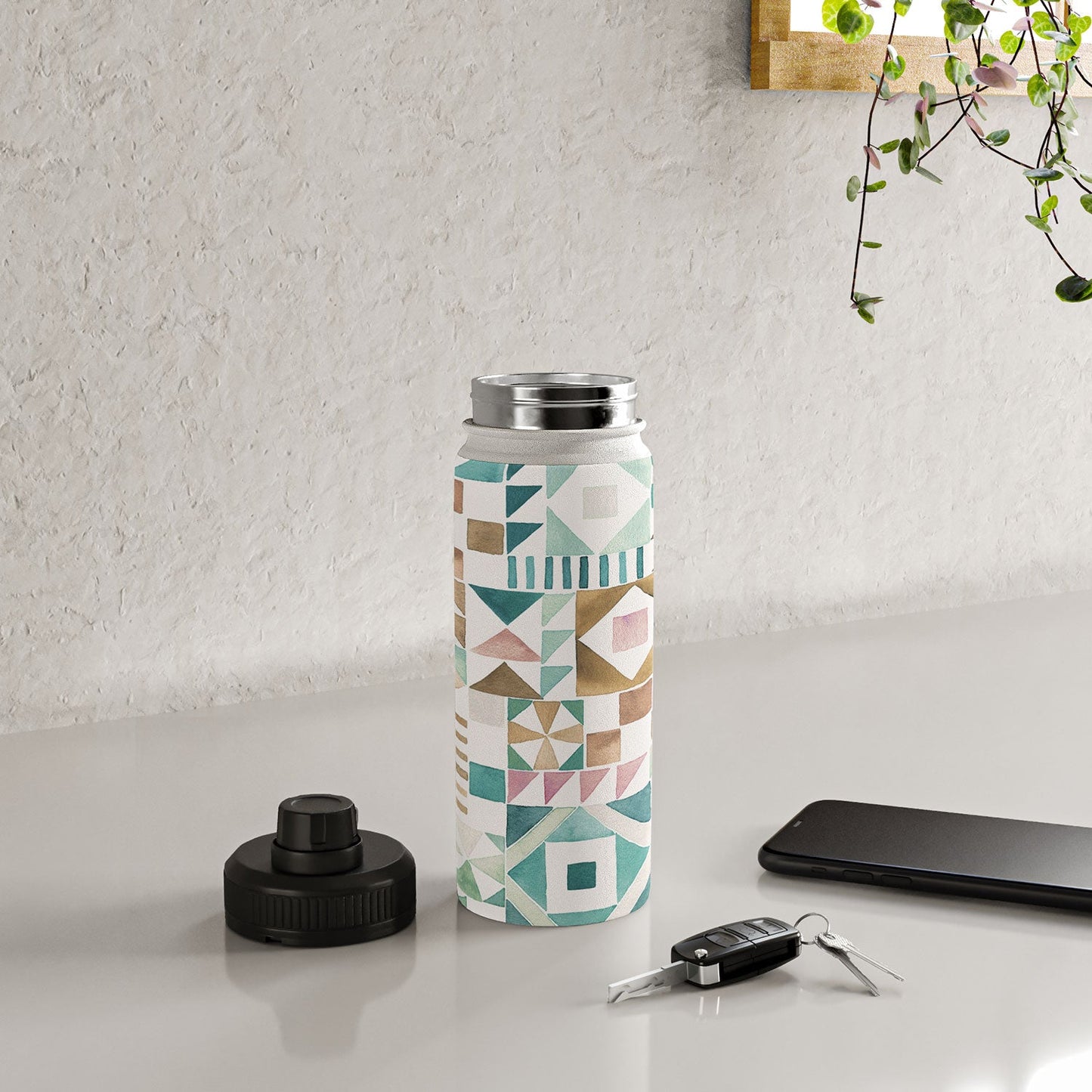 Ninola Design Charming Nostalgia Geometric Tiles Patchwork Aqua Pink Gold Water Bottle