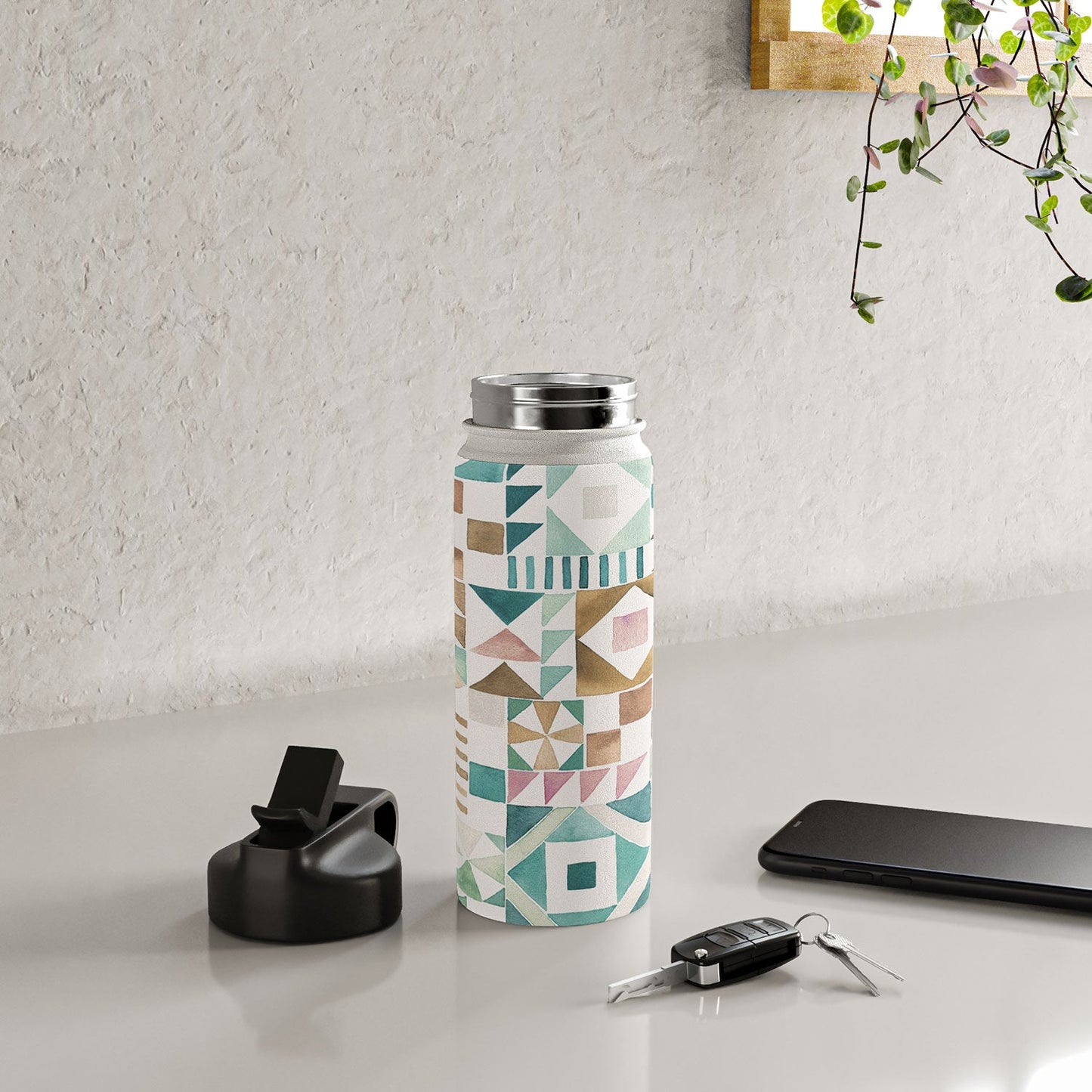 Ninola Design Charming Nostalgia Geometric Tiles Patchwork Aqua Pink Gold Water Bottle
