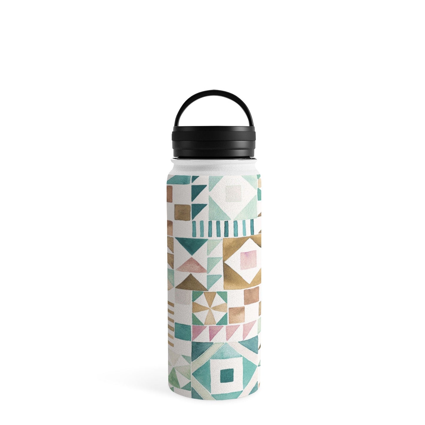 Ninola Design Charming Nostalgia Geometric Tiles Patchwork Aqua Pink Gold Water Bottle