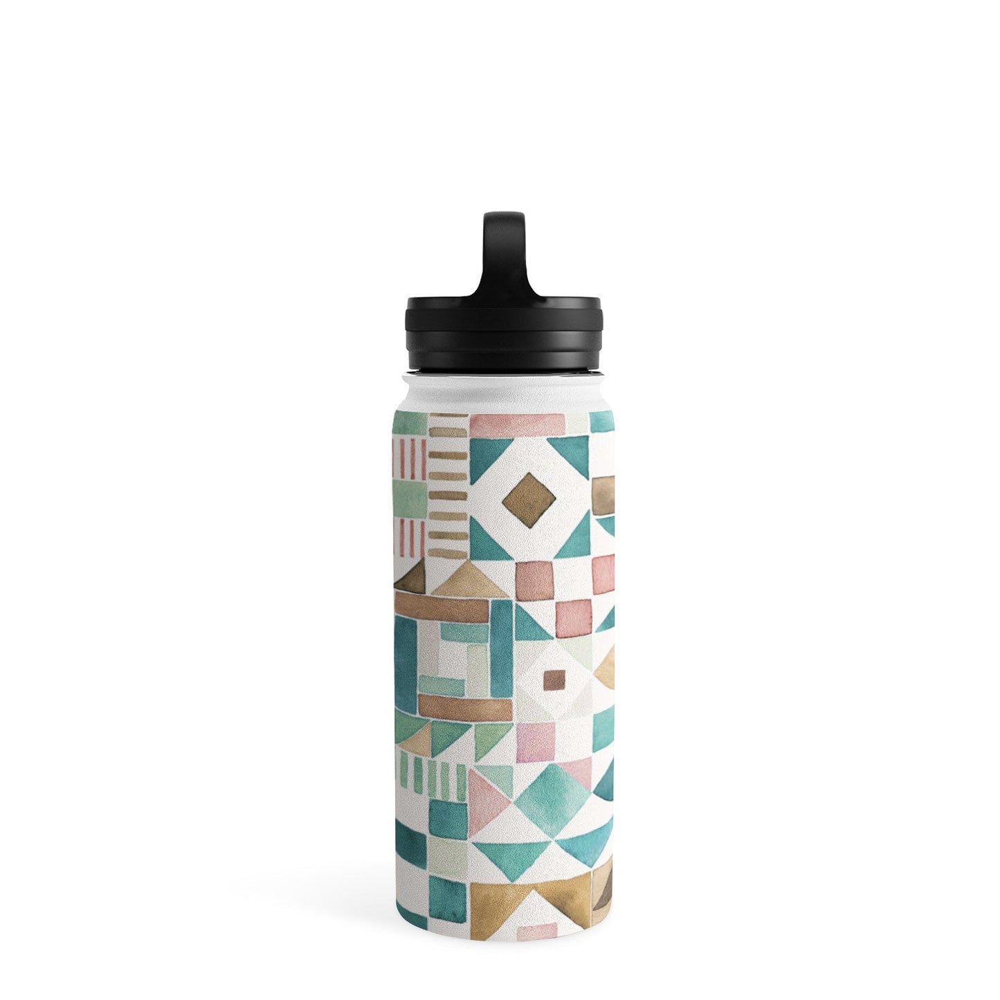 Ninola Design Charming Nostalgia Geometric Tiles Patchwork Aqua Pink Gold Water Bottle
