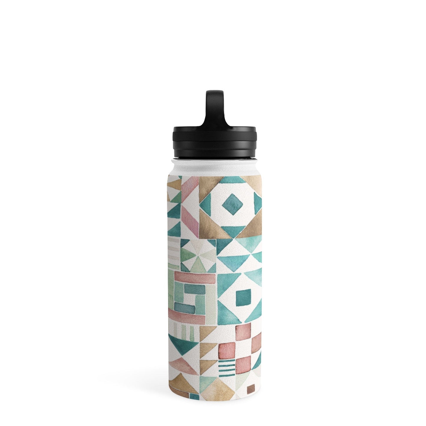 Ninola Design Charming Nostalgia Geometric Tiles Patchwork Aqua Pink Gold Water Bottle