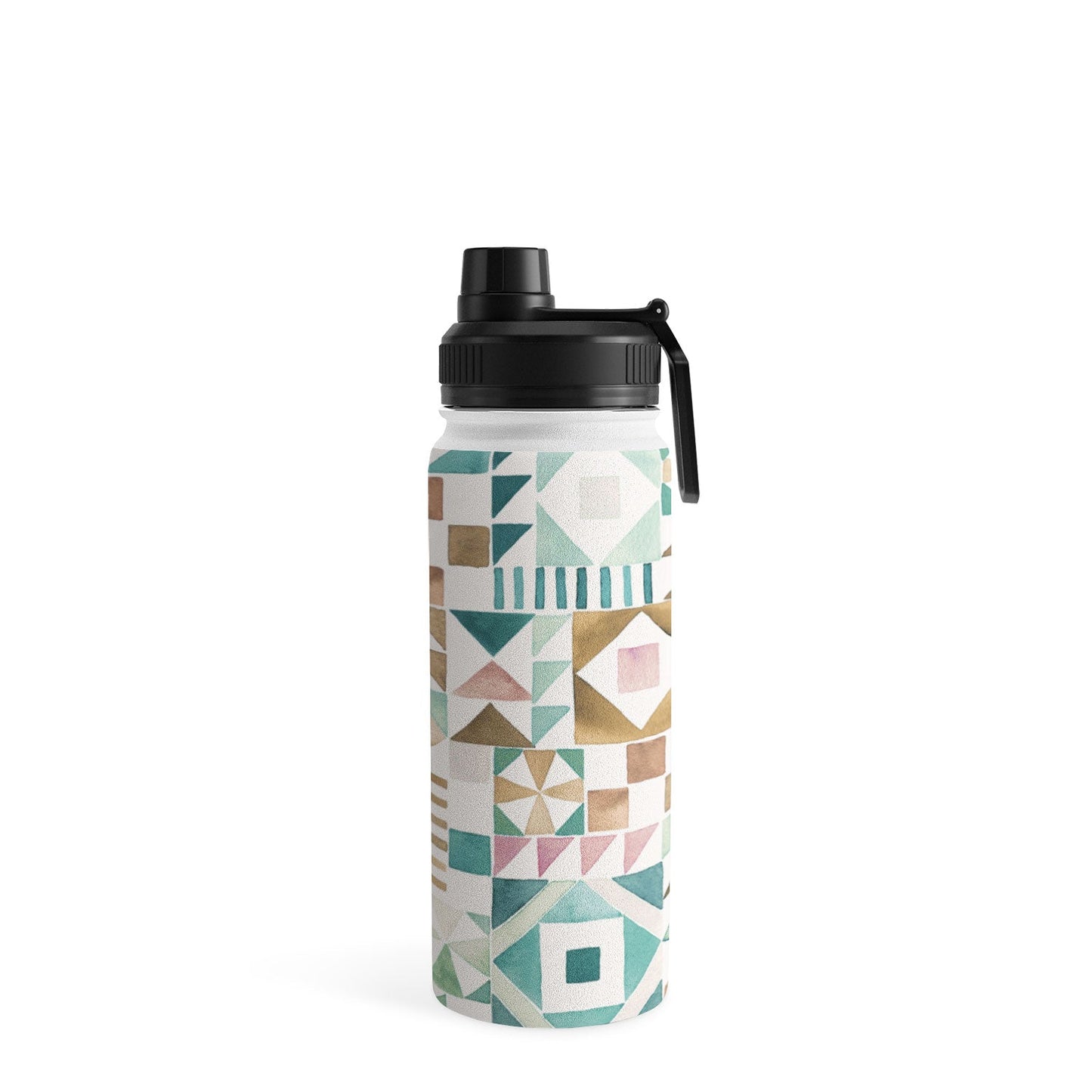 Ninola Design Charming Nostalgia Geometric Tiles Patchwork Aqua Pink Gold Water Bottle