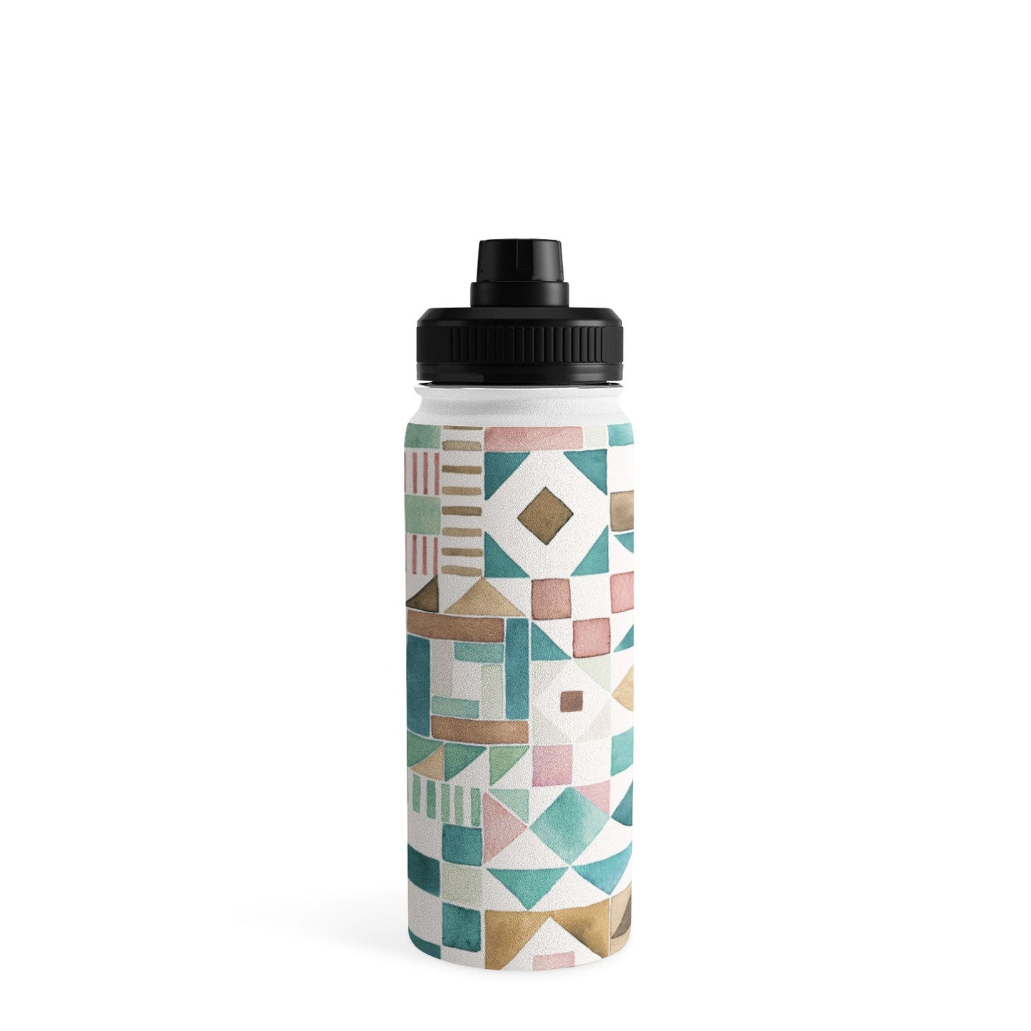Ninola Design Charming Nostalgia Geometric Tiles Patchwork Aqua Pink Gold Water Bottle