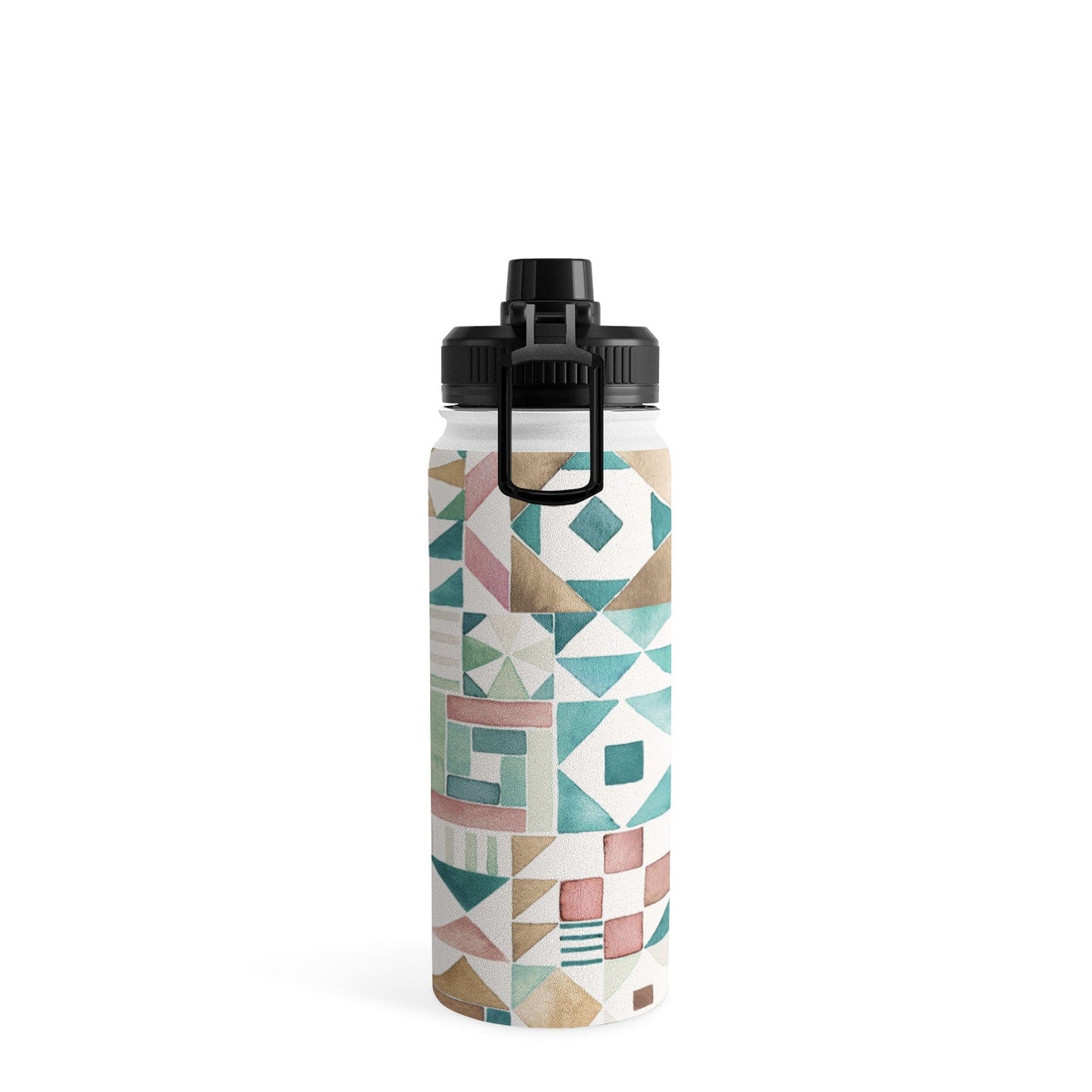 Ninola Design Charming Nostalgia Geometric Tiles Patchwork Aqua Pink Gold Water Bottle