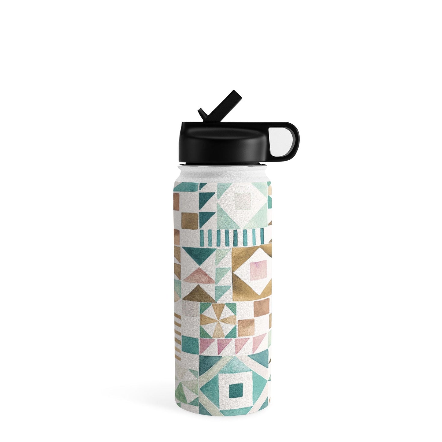 Ninola Design Charming Nostalgia Geometric Tiles Patchwork Aqua Pink Gold Water Bottle