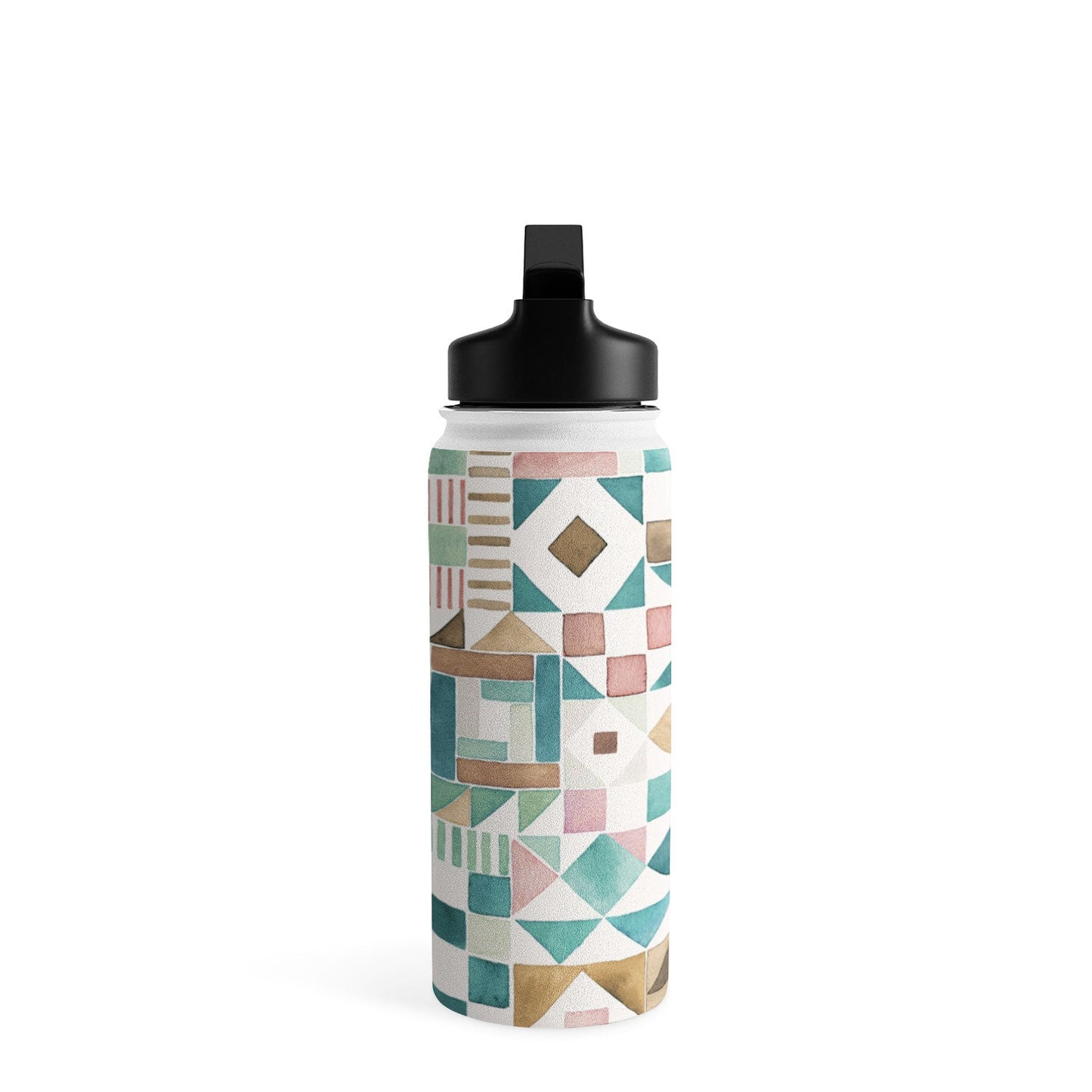 Ninola Design Charming Nostalgia Geometric Tiles Patchwork Aqua Pink Gold Water Bottle