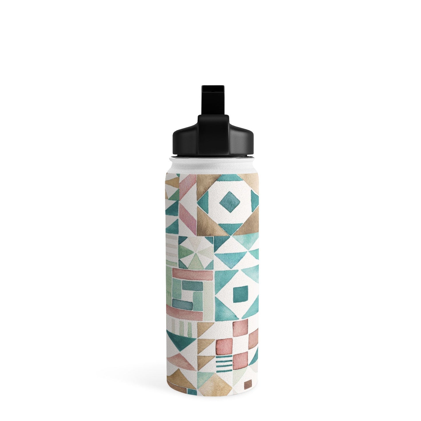 Ninola Design Charming Nostalgia Geometric Tiles Patchwork Aqua Pink Gold Water Bottle
