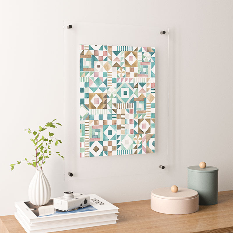 Ninola Design Charming Nostalgia Geometric Tiles Patchwork Aqua Pink Gold Floating Acrylic Print