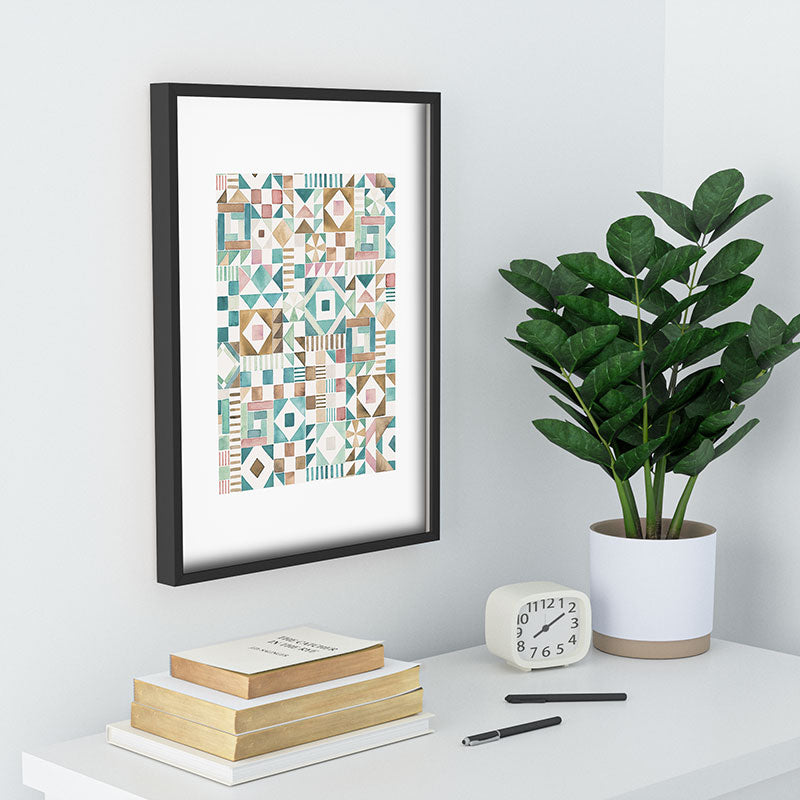 Ninola Design Charming Nostalgia Geometric Tiles Patchwork Aqua Pink Gold Recessed Framing Rectangle