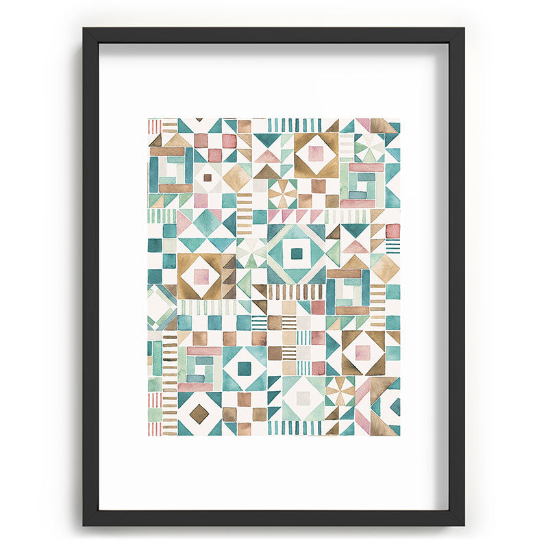 Ninola Design Charming Nostalgia Geometric Tiles Patchwork Aqua Pink Gold Recessed Framing Rectangle